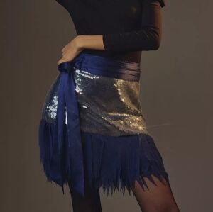 Anthropologie Maeve Sequin Mini Skirt Blue Silver Feather Hem, sz 8